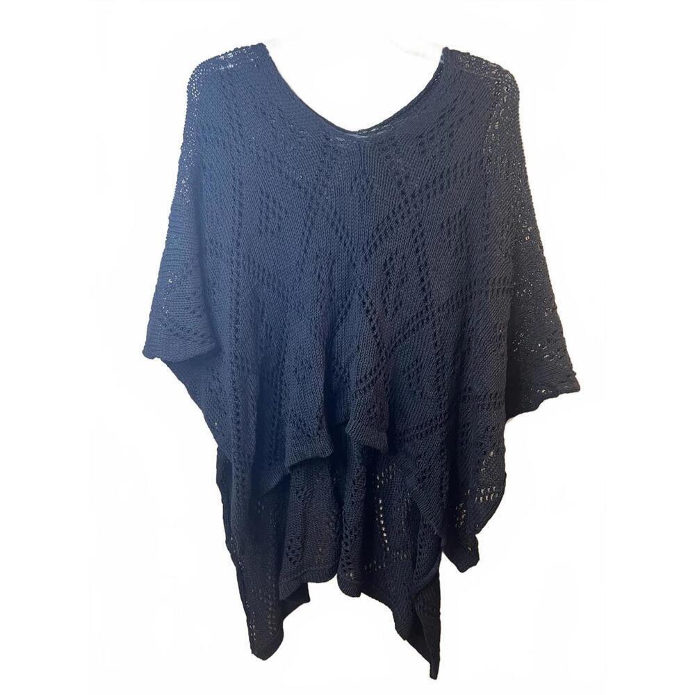 Wooden Ships Black Crochet Poncho Sweater Asymmetric Size Medium/Large